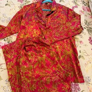 Private Luxuries Satin Red Gold Shirt Bottoms PJ Lounge Sleepwear Set 2PC XL